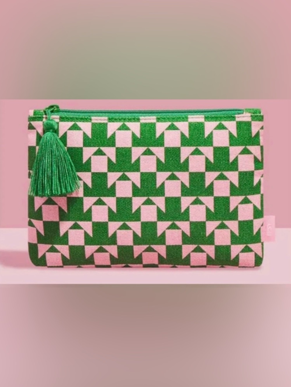 IPSY green pink geometric zip pouch-Green Pink Plaid tassel sorority travel